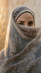 MIKA Pashmina Hijab in warmem Sepia – gesichtsrahmend gebunden im Golden-Hour-Licht