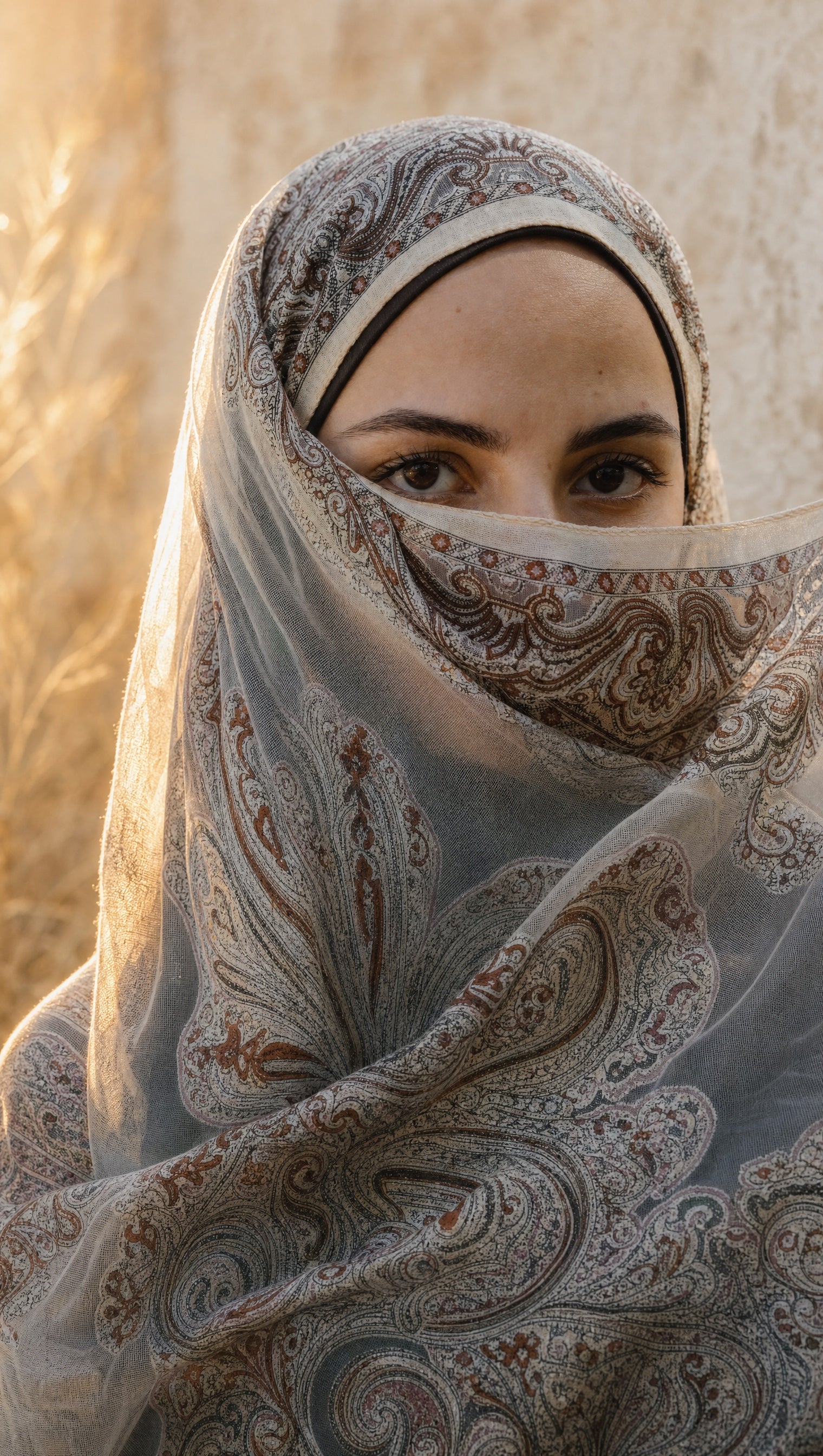 MIKA Pashmina Hijab in warmem Sepia – gesichtsrahmend gebunden im Golden-Hour-Licht