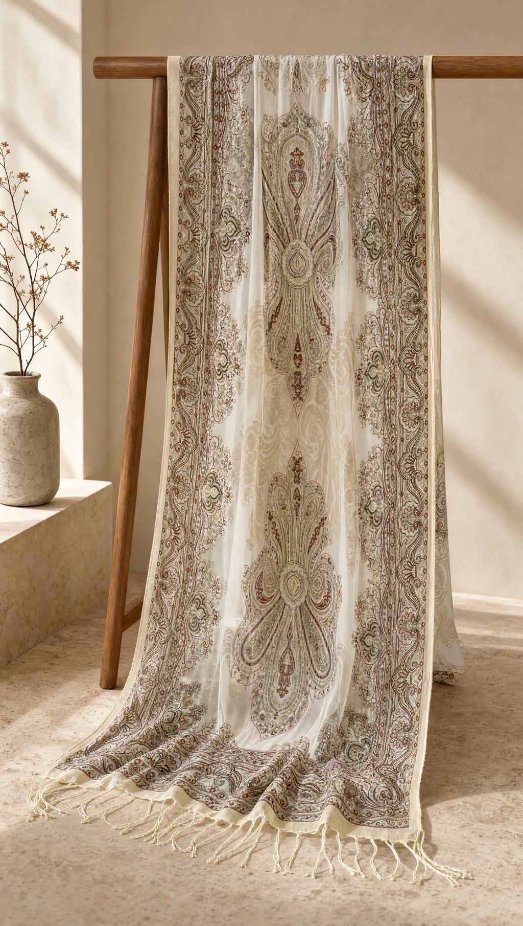 Pashmina Hijab vollständig drapiert – gewebtes Paisley-Muster mit cremefarbenen Fransen