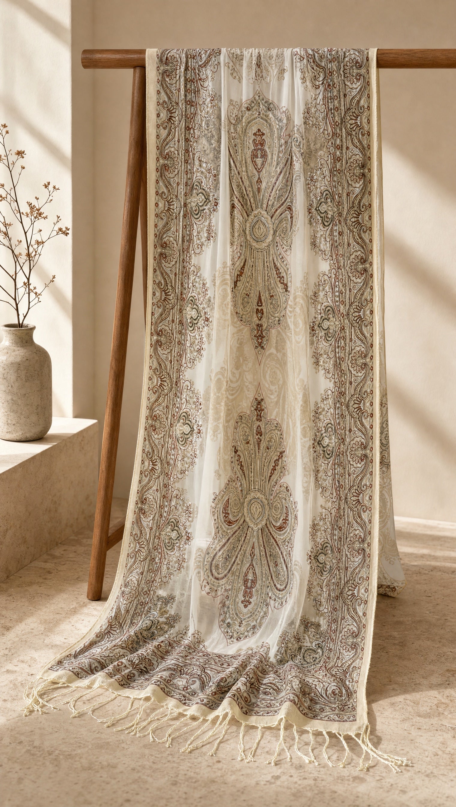 Pashmina Hijab vollständig drapiert – gewebtes Paisley-Muster mit cremefarbenen Fransen