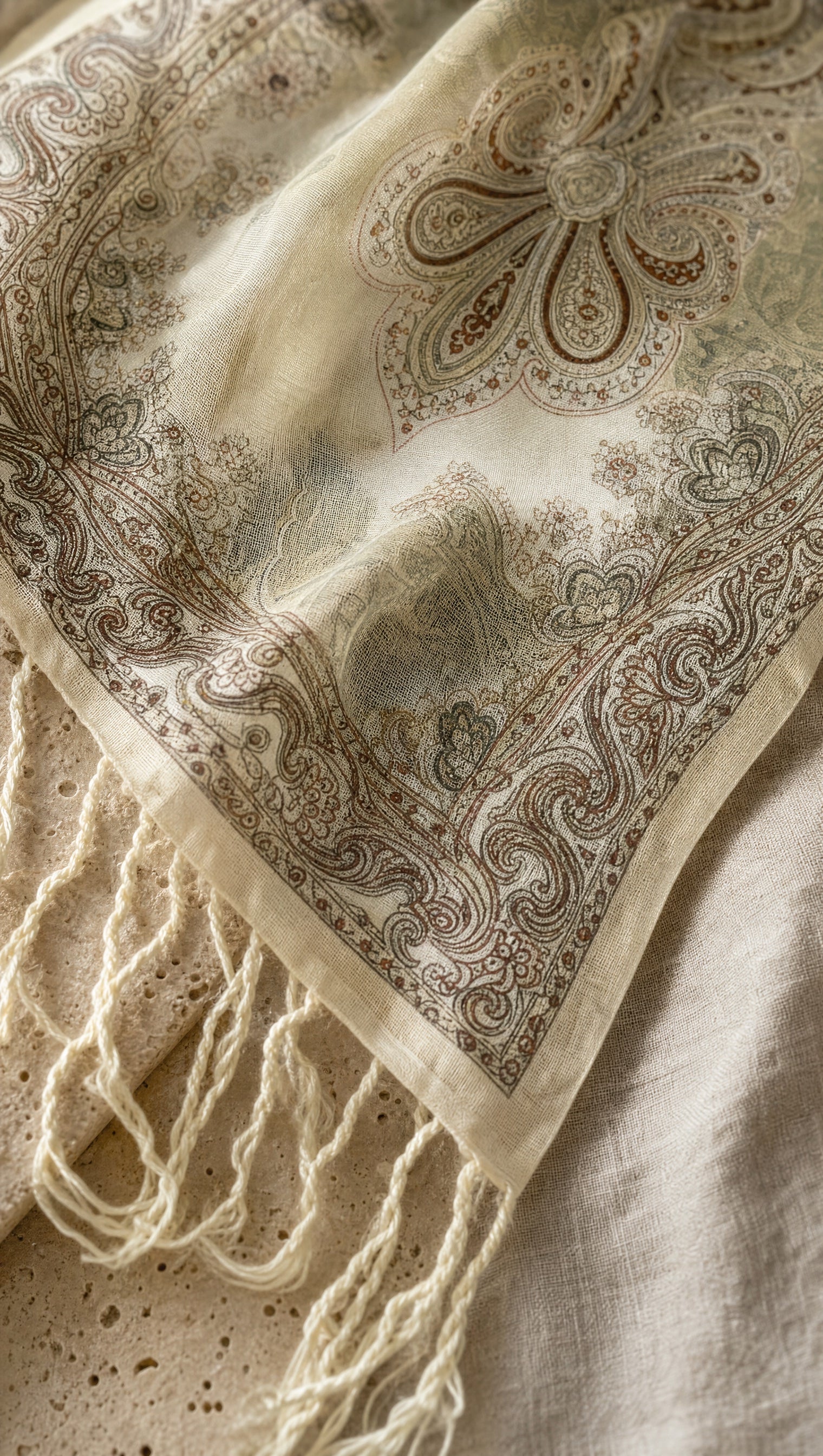 Makro-Detail des Pashmina – gewebter Paisley-Jacquard und gedrehte cremefarbene Fransen