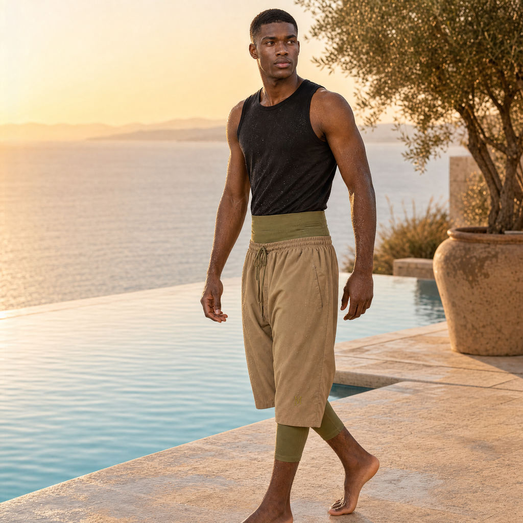 Khaki Modest Badehose nach dem Schwimmen am Infinity-Pool bei Sonnenuntergang – modest auch nass