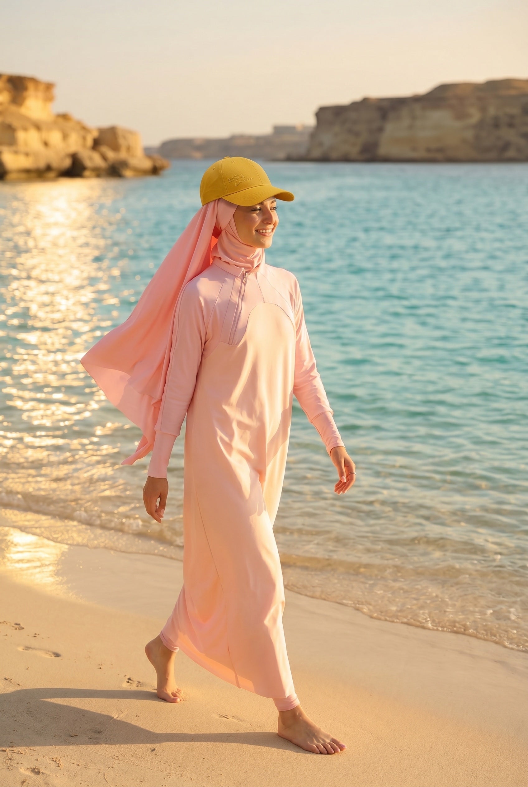 Model trägt die gelbe MIKA Cap über dem Swim-Hijab – am Strand im Golden-Hour-Licht