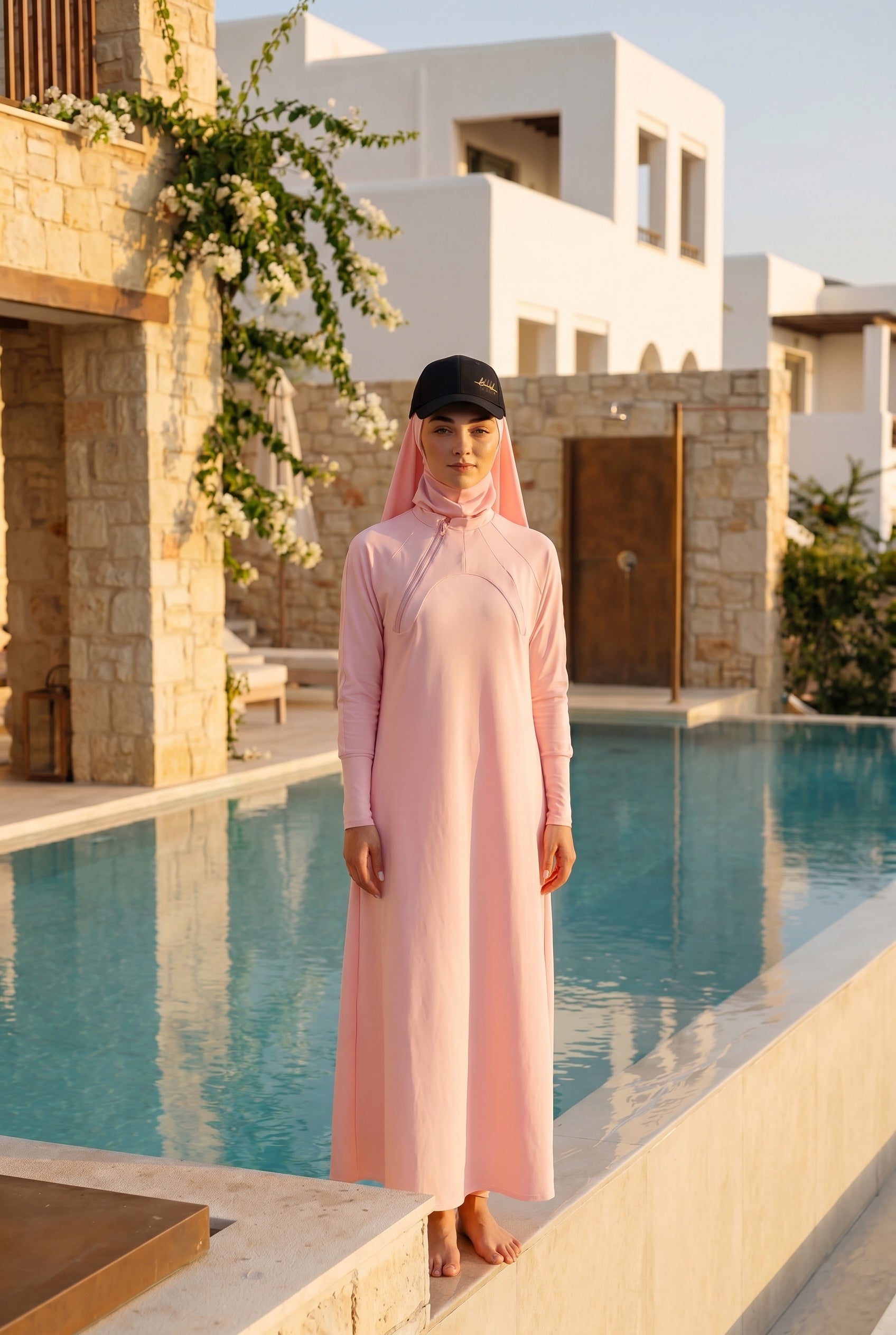 Schwarze MIKA Cap zum Modest-Swim-Look – Model am Pool, mediterrane Golden-Hour-Stimmung