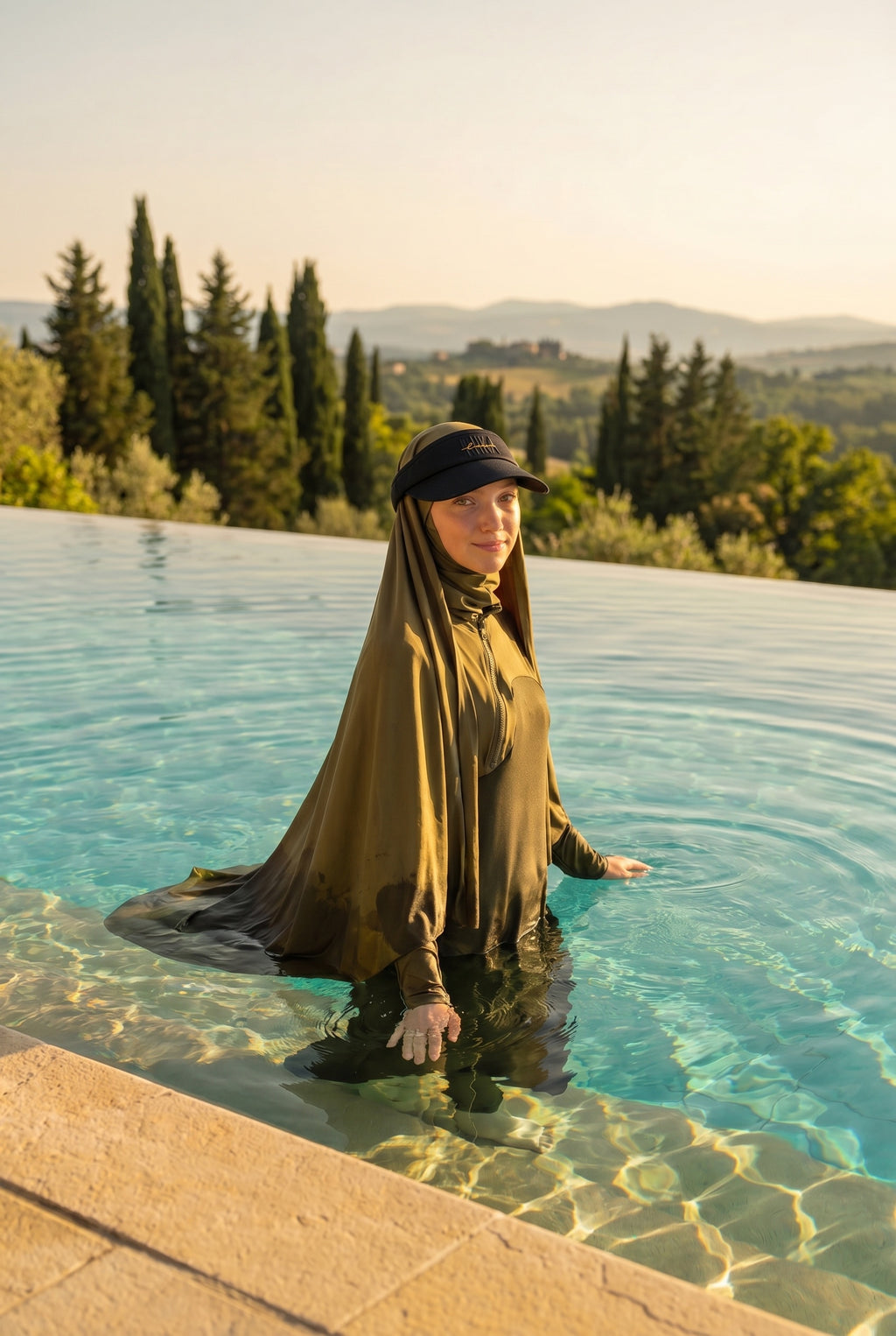 Schwarzes MIKA Sonnenvisier zum Modest-Swim-Look – Model im Pool im Sonnenuntergang